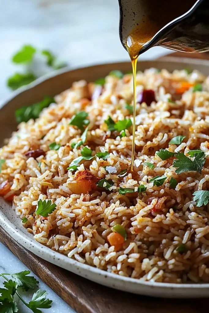 Bowl of cozy flavorful spiced rice garnished with herbs and spices.