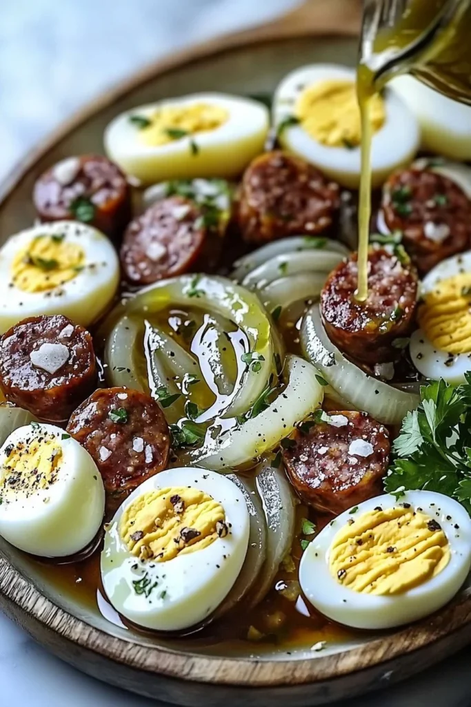 Cozy platter featuring pickled eggs, beef sausage, and onions.