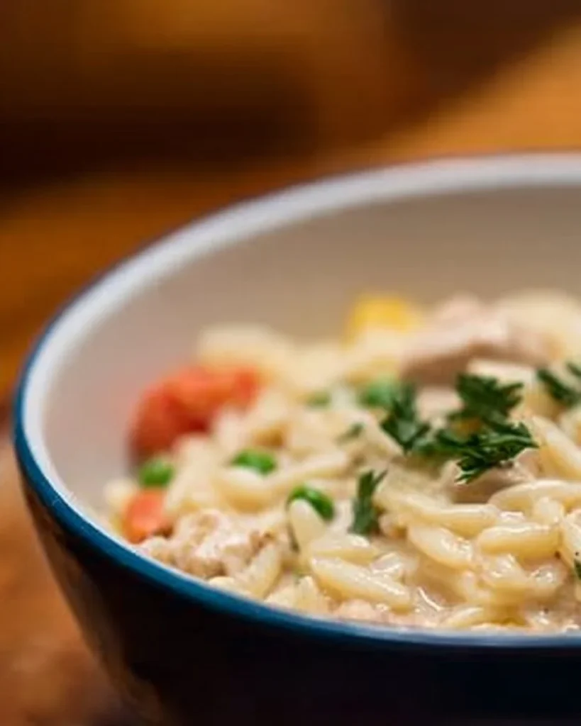 Creamy chicken pot pie orzo in a bowl with vegetables and herbs