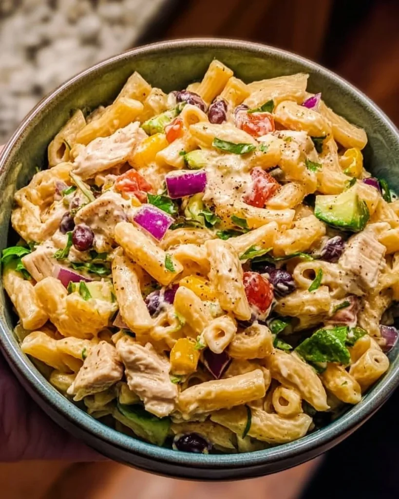 Creamy Chipotle Chicken Pasta Salad with vibrant ingredients and dressing
