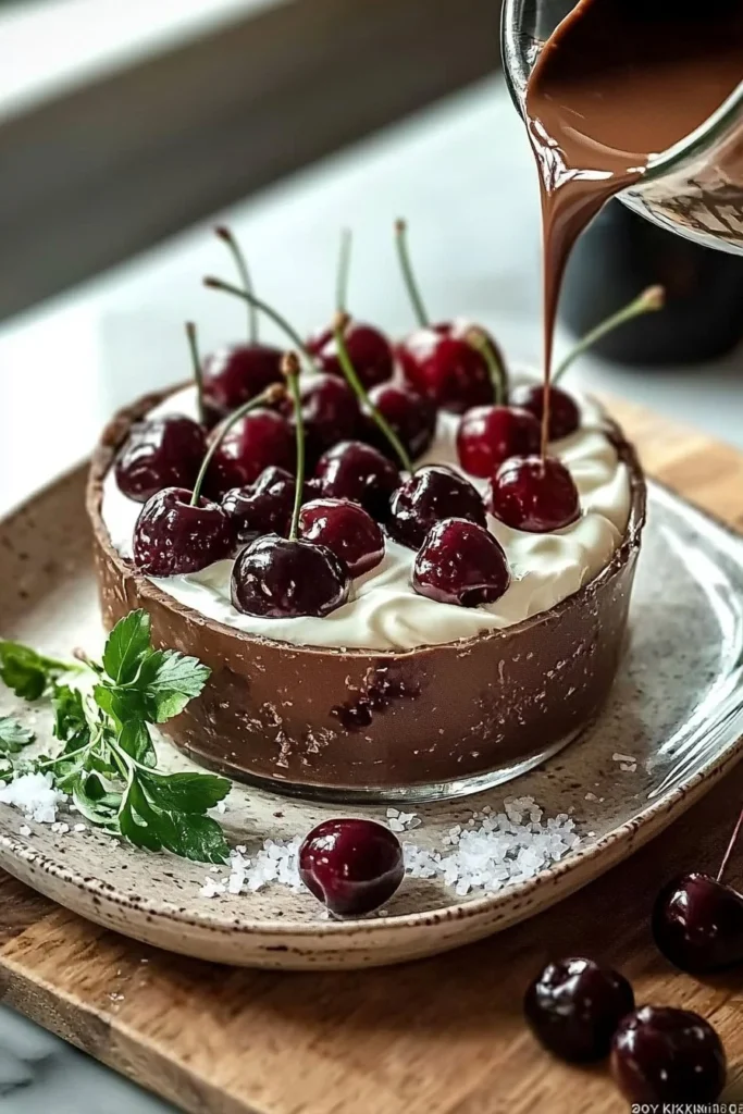 Creamy chocolate-cherry verrine dessert in elegant glass dish