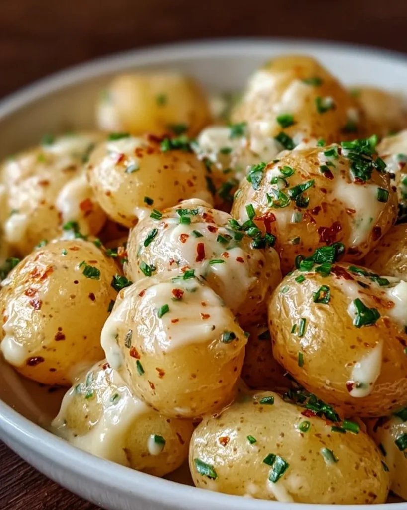 Creamy garlic baby potatoes dish garnished with herbs