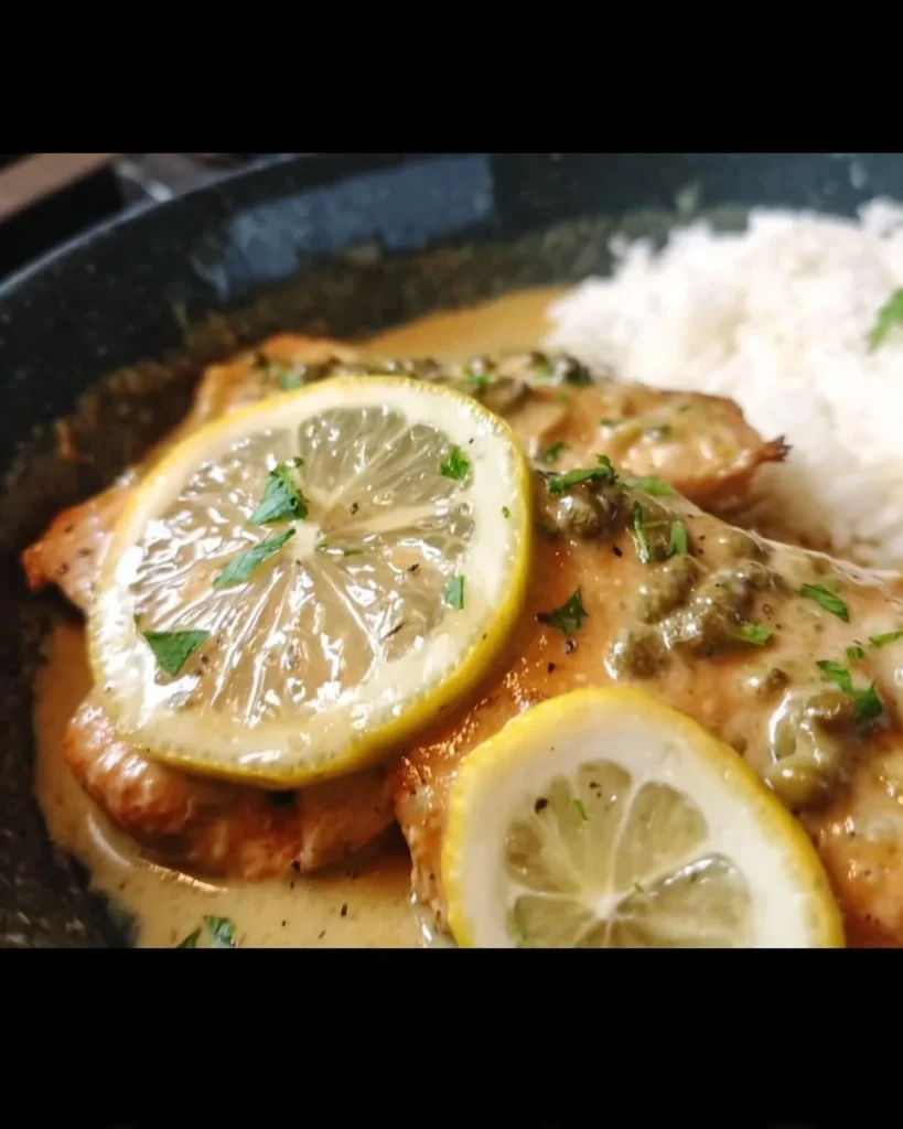 Plate of creamy lemon butter chicken garnished with fresh herbs
