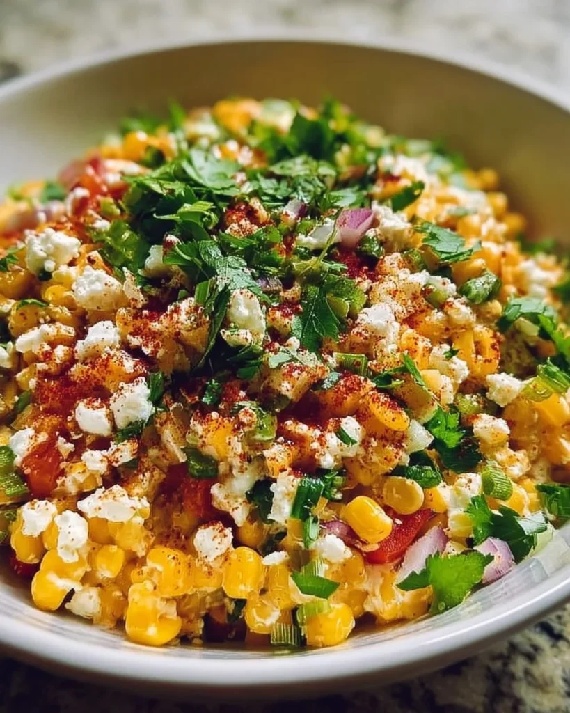 Creamy Mexican street corn salad in a bowl garnished with cilantro and lime.