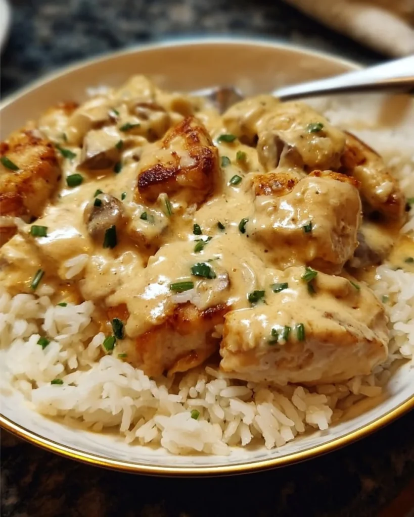 Creamy smothered chicken served with rice on a plate.