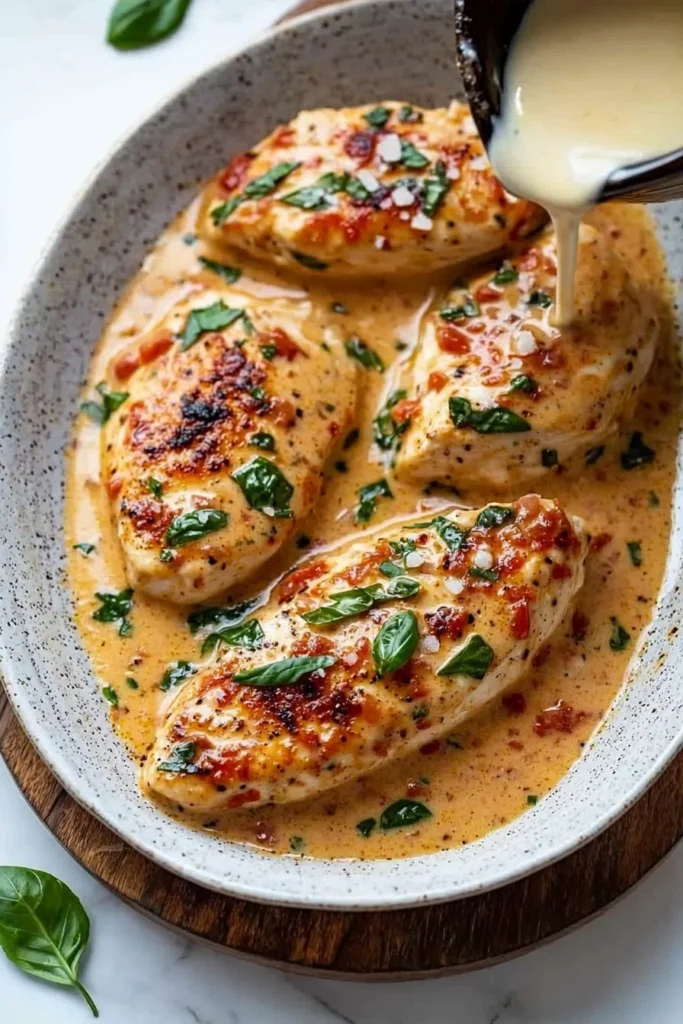 Creamy tomato basil chicken breasts garnished with fresh basil leaves