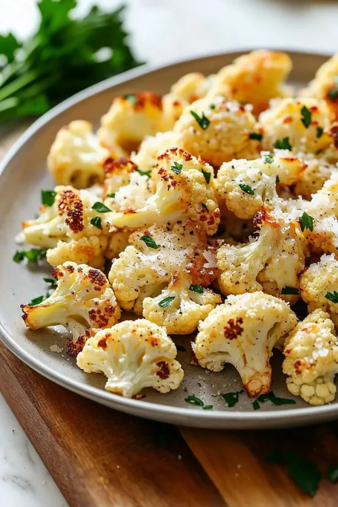 Crispy parmesan roasted cauliflower served on a white plate with garnish