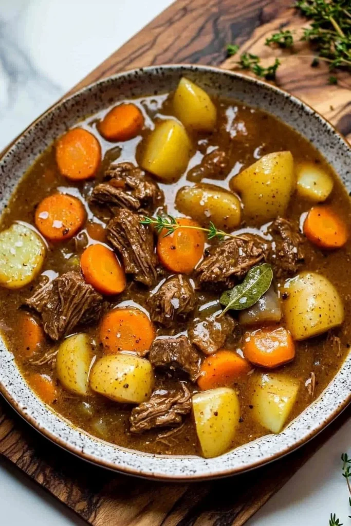 Delicious Crock Pot beef stew simmering with vegetables and spices