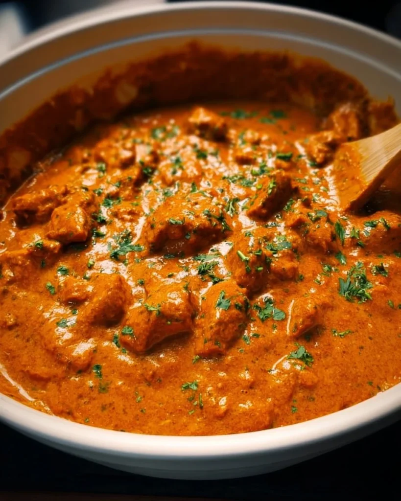 Crockpot butter chicken simmering in a slow cooker with spices and herbs.