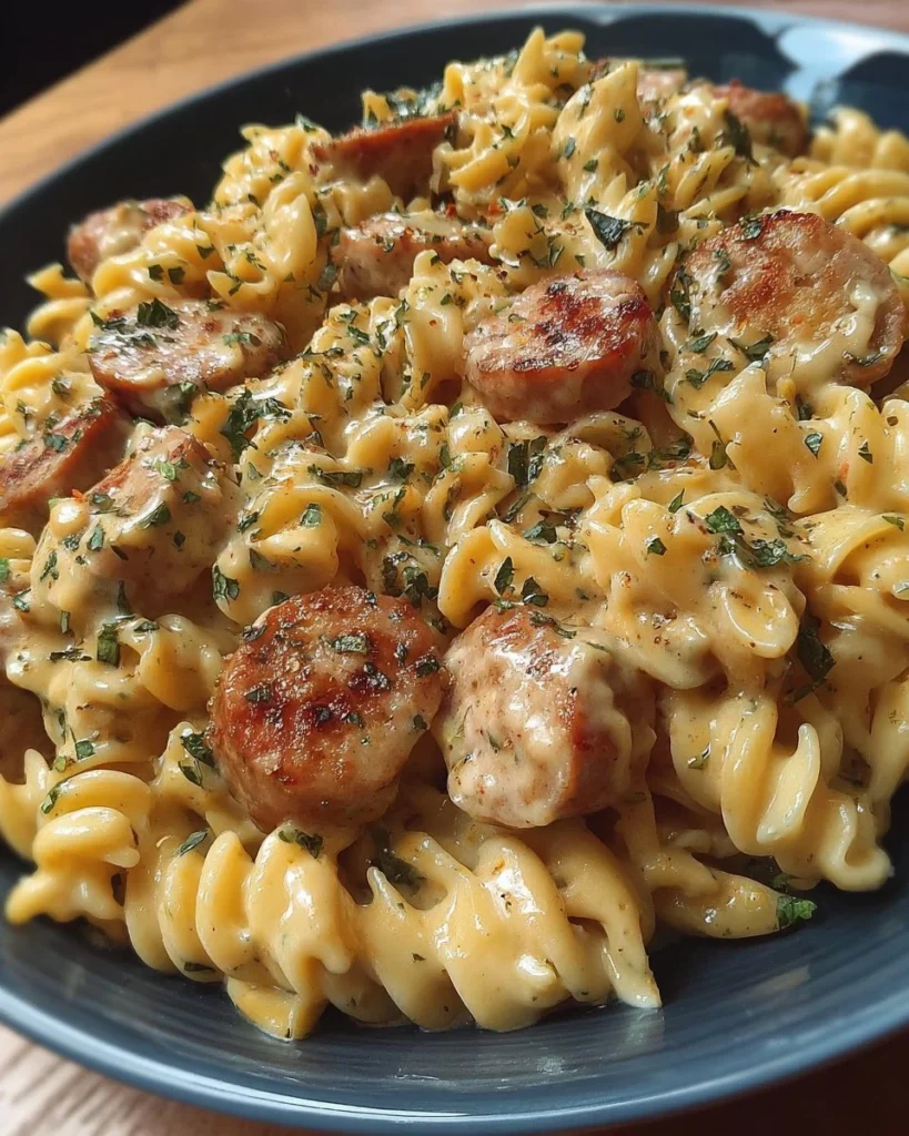 Crockpot Cheddar Ranch Chicken Sausage Pasta served in a bowl