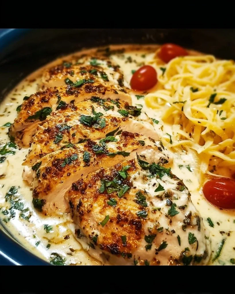 Delicious Crockpot Creamy Garlic Parmesan Chicken served with herbs and spices
