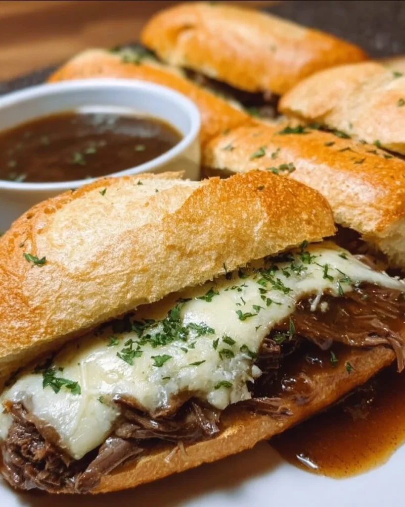 Crockpot French dip sandwiches with juicy beef and dipping sauce