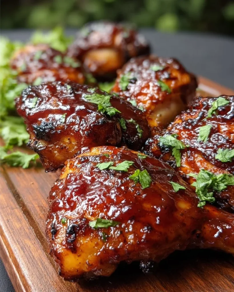 A beautifully grilled BBQ chicken served on a plate with herbs and spices.