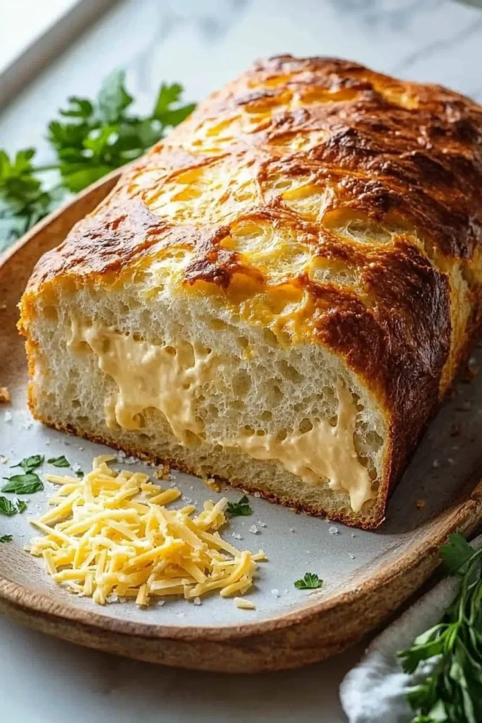 Freshly baked no knead cheese bread loaf with a golden crust