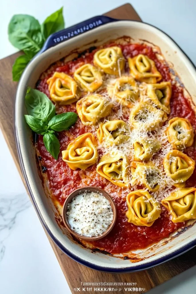 Delicious cheesy baked tortellini served in a casserole dish