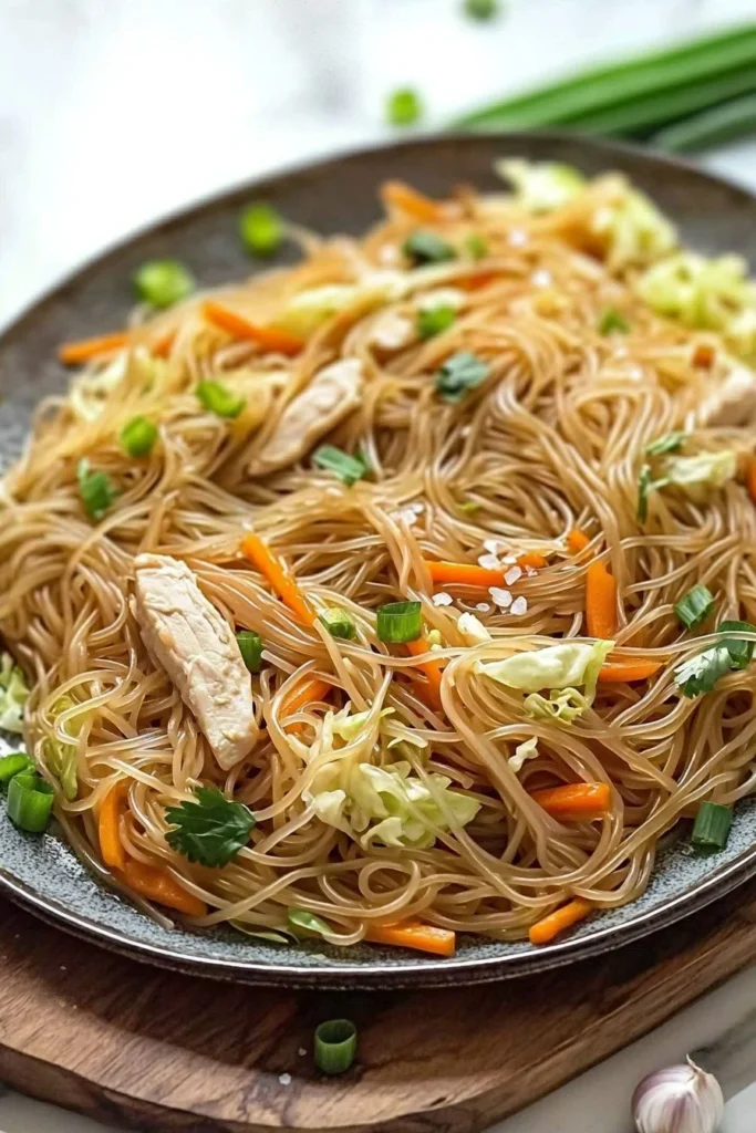 Plate of Easy Filipino Chicken Pancit Noodles with colorful vegetables and chicken.