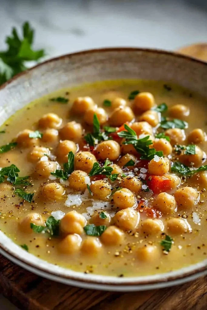 Bowl of Easy Greek Chickpea Soup garnished with herbs and lemon