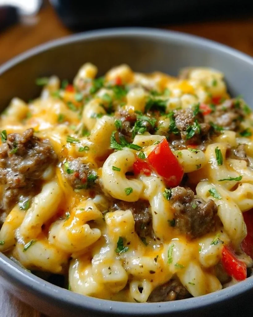 High-protein Philly cheesesteak mac dish served in a bowl.