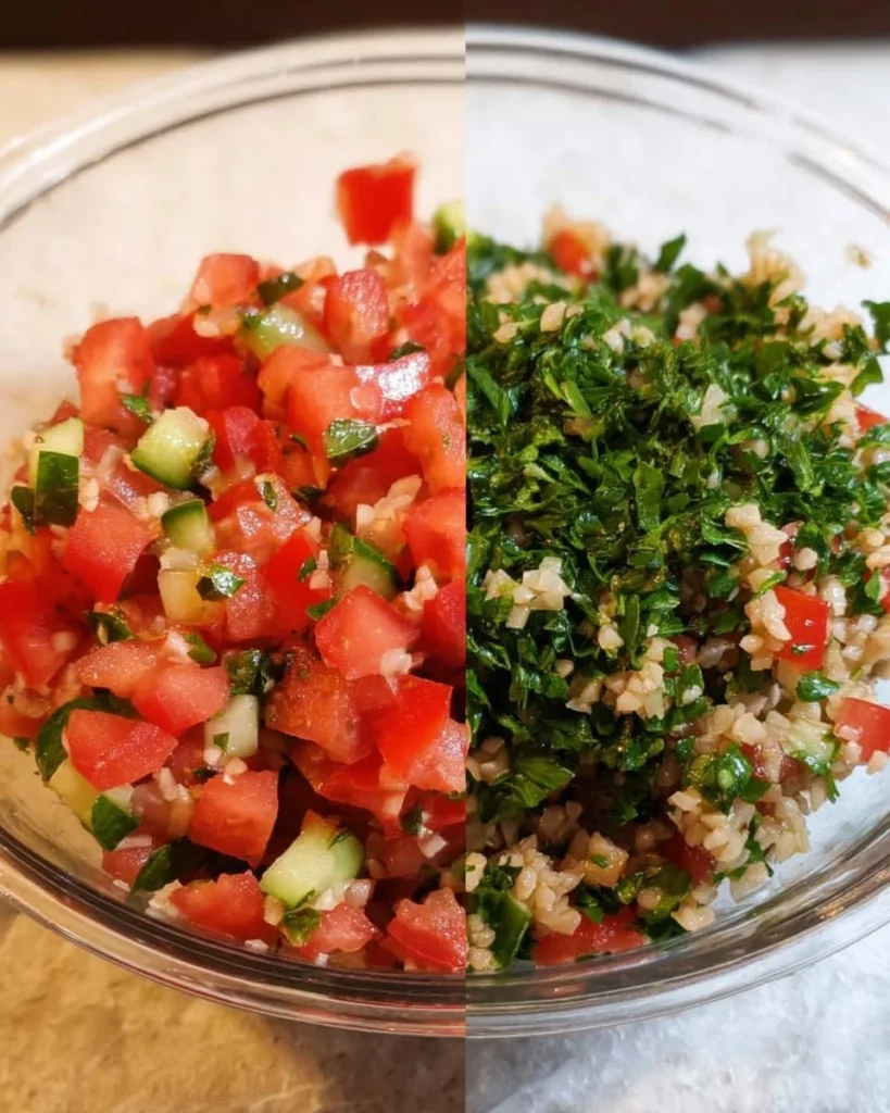 Bowl of easy homemade tabbouleh salad with fresh herbs and veggies.