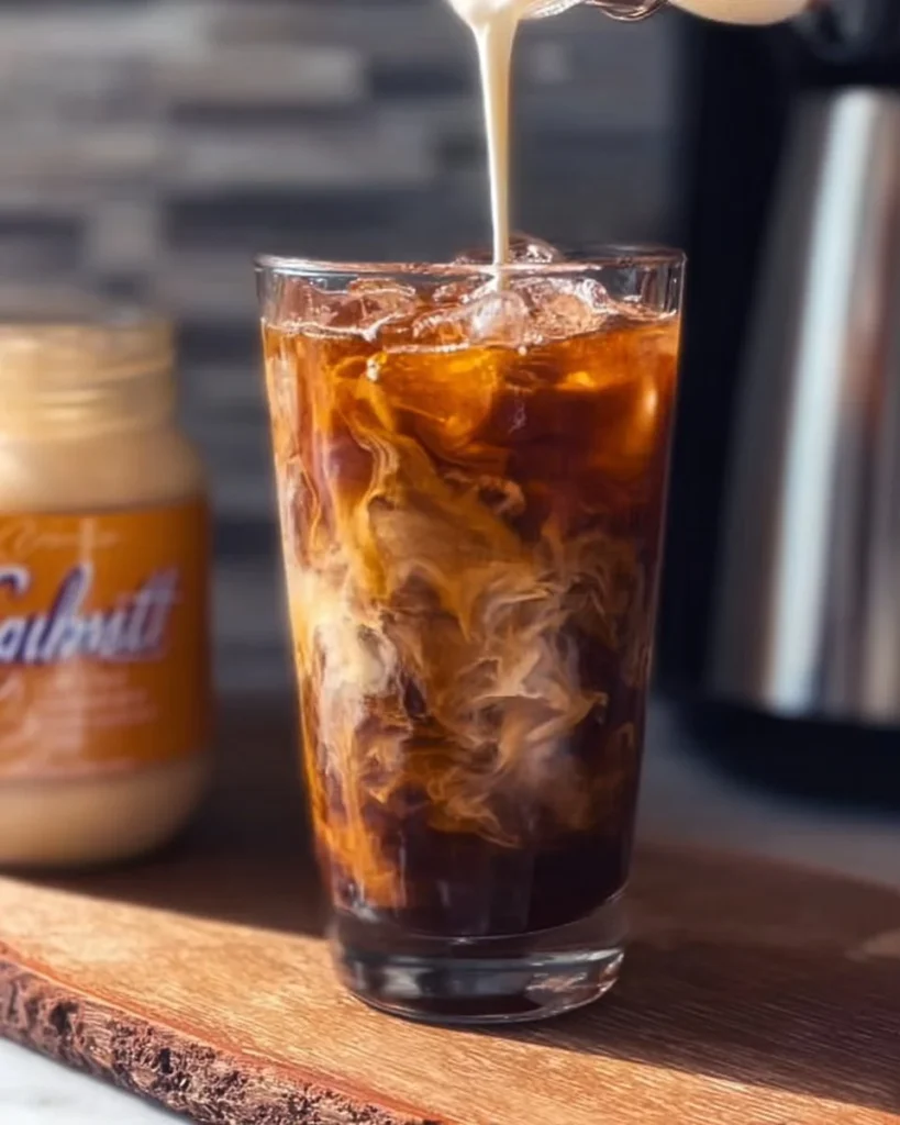 Delicious homemade iced coffee in a glass with ice and whipped cream