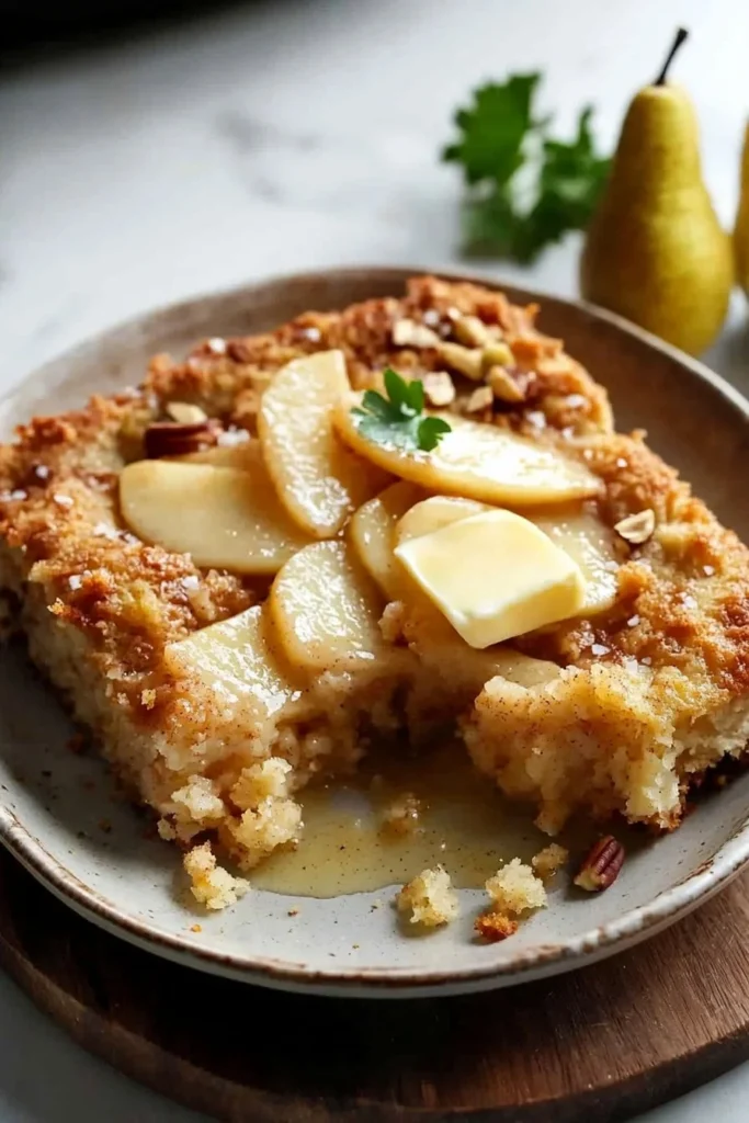 Delicious easy pear dump cake topped with crispy golden crumble.