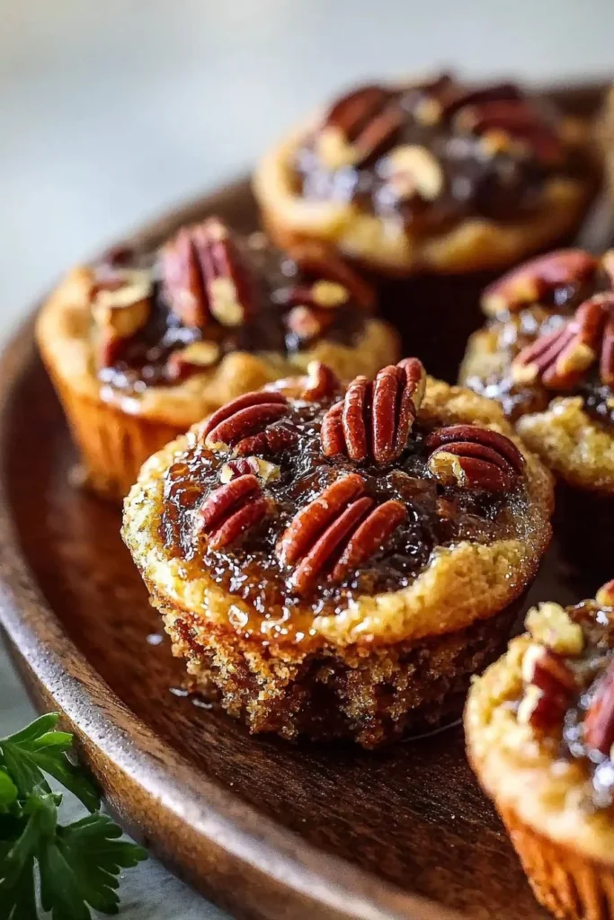 Delicious homemade easy pecan pie muffins topped with pecans