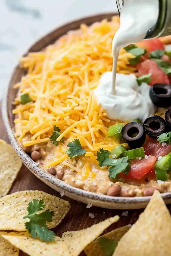 Delicious and easy taco dip served in a colorful bowl with tortilla chips