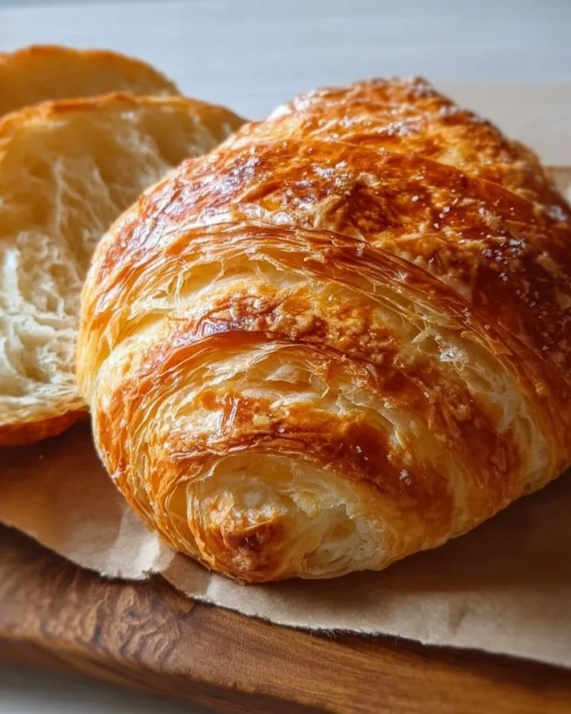 Freshly baked flaky sourdough croissant bread on a wooden table