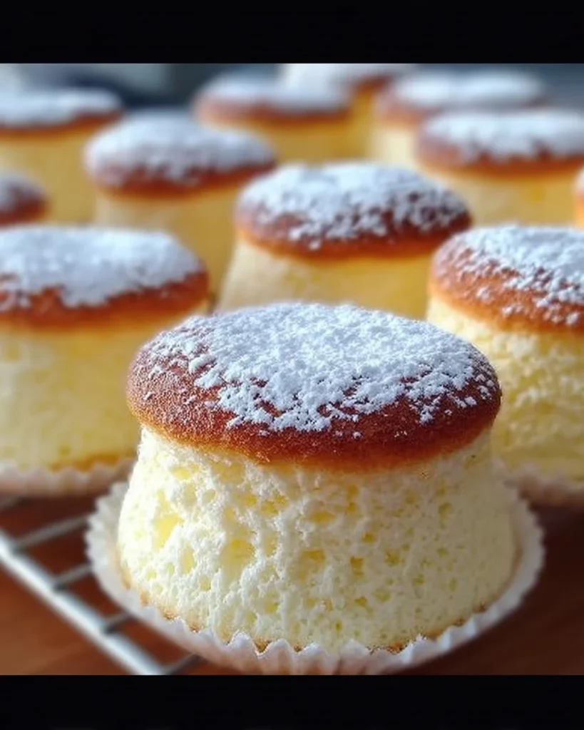 Fluffy Japanese Cotton Cheesecake Cupcakes topped with whipped cream and berries