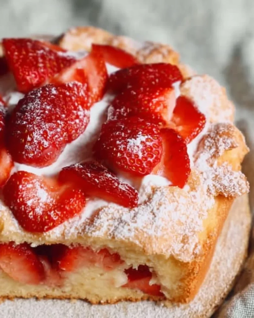 Delicious French strawberry cake topped with fresh strawberries and cream