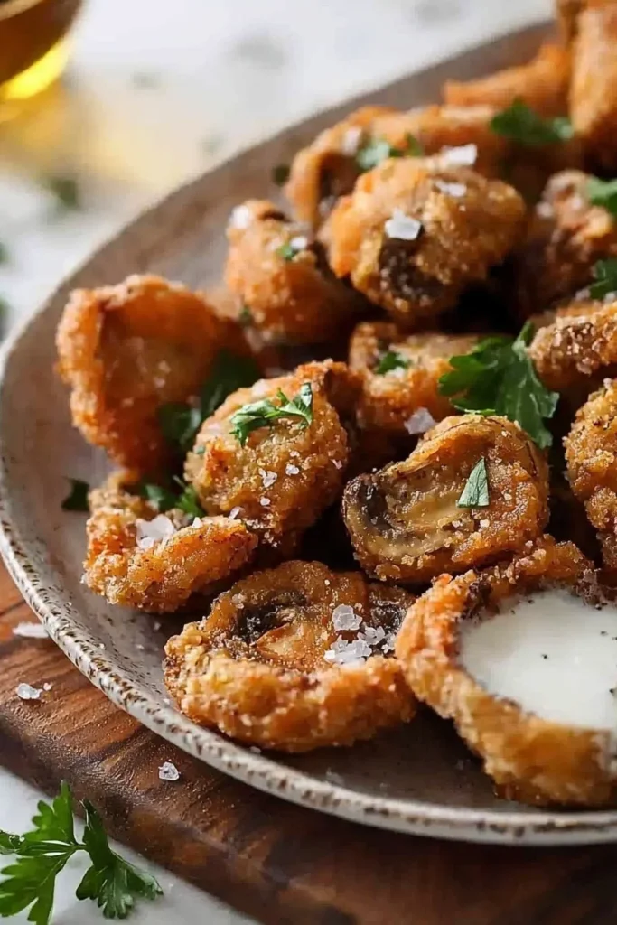 Crispy fried mushroom appetizers served on a platter