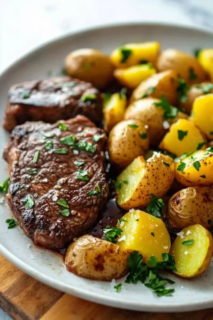Savory garlic butter steak served with golden potatoes in a skillet.