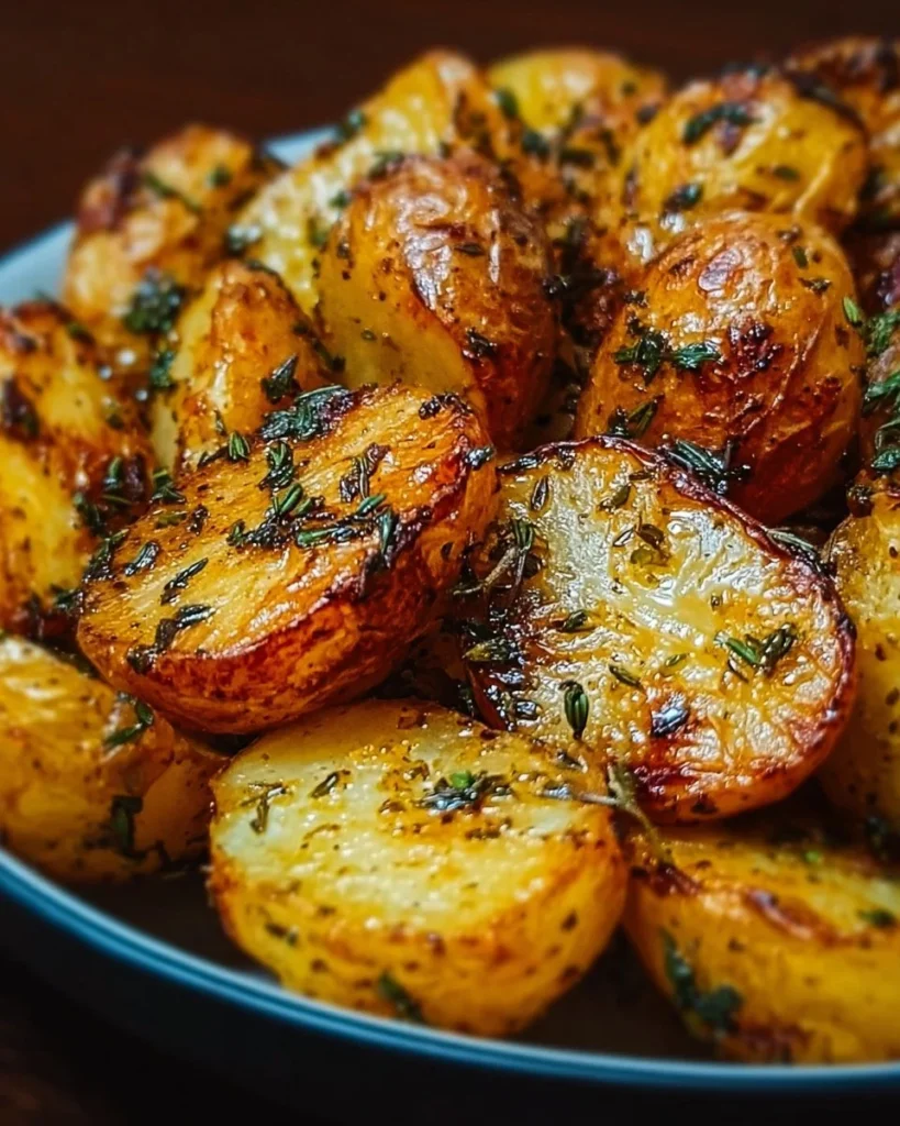 Garlic-herb roasted baby potatoes served on a plate.