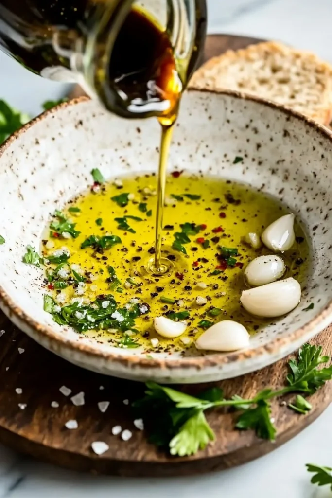 Garlic olive oil dip served with bread for dipping