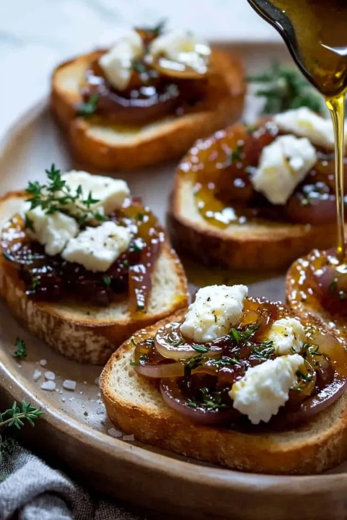 Goat cheese toasts with honey onion compote on a serving platter