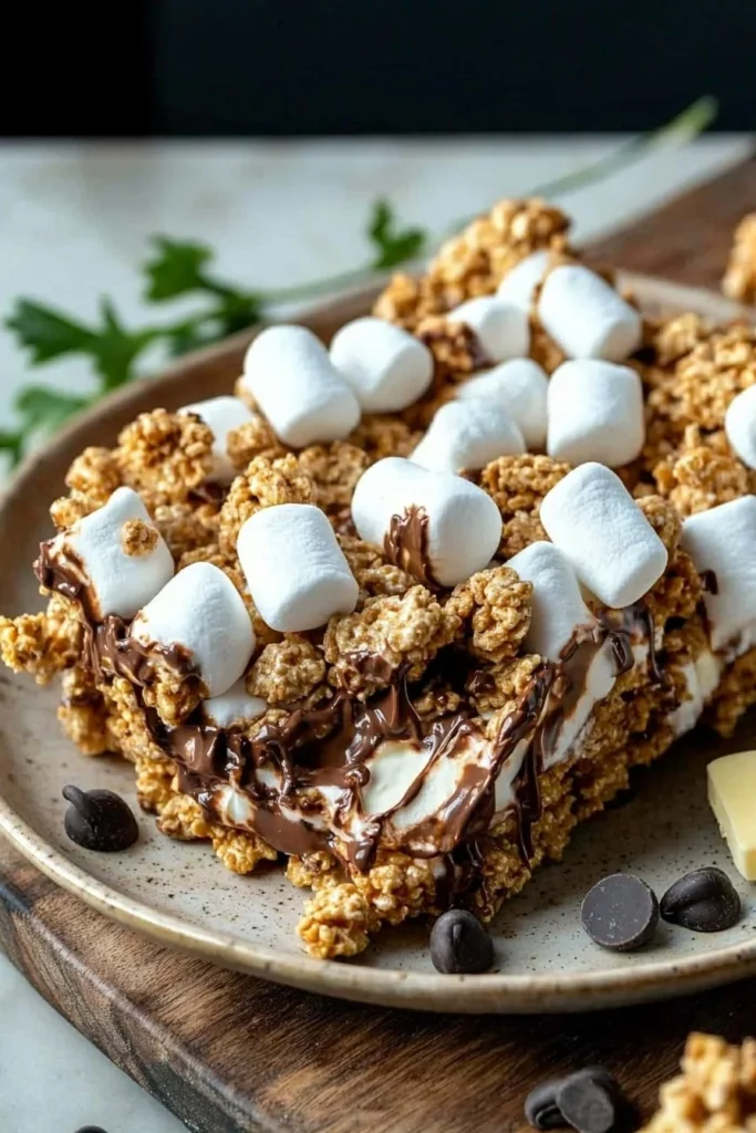 Golden Graham chocolate marshmallow treats on a platter.