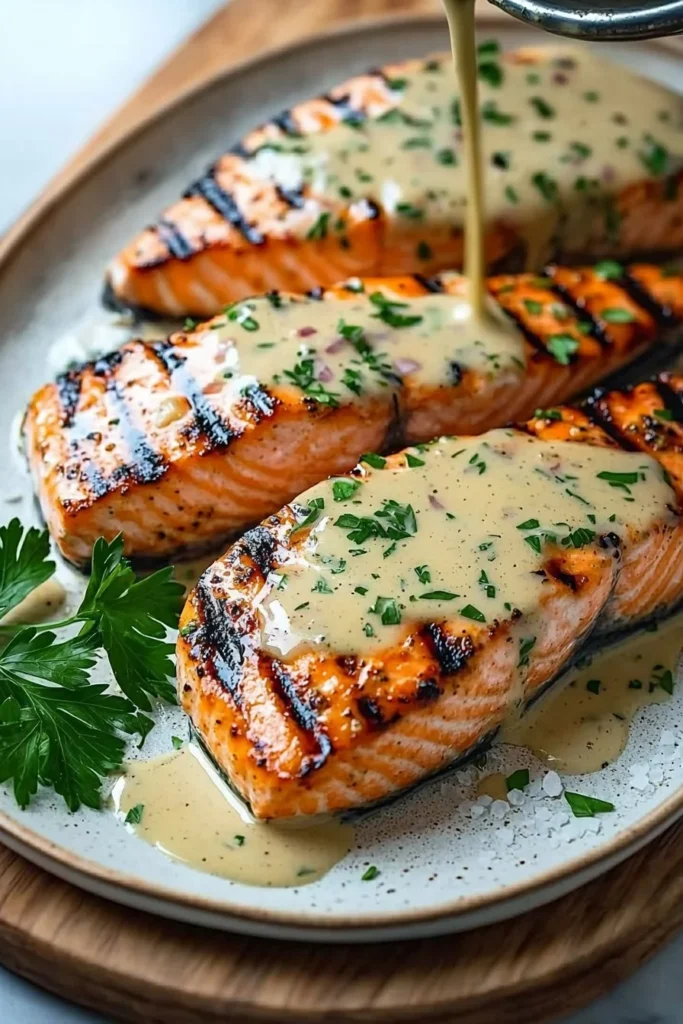 Grilled salmon steaks drizzled with shallot sauce on a plate