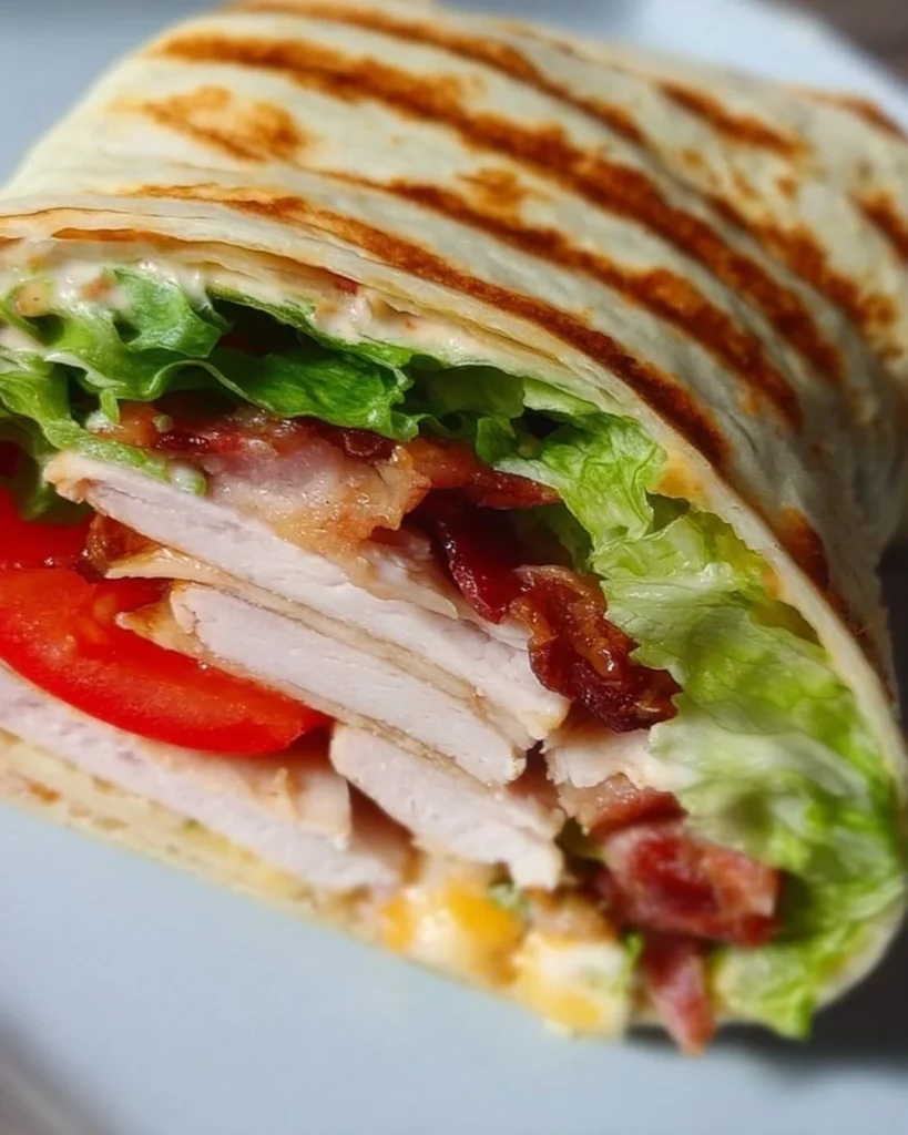 Delicious grilled turkey wrap filled with fresh vegetables and served on a plate.