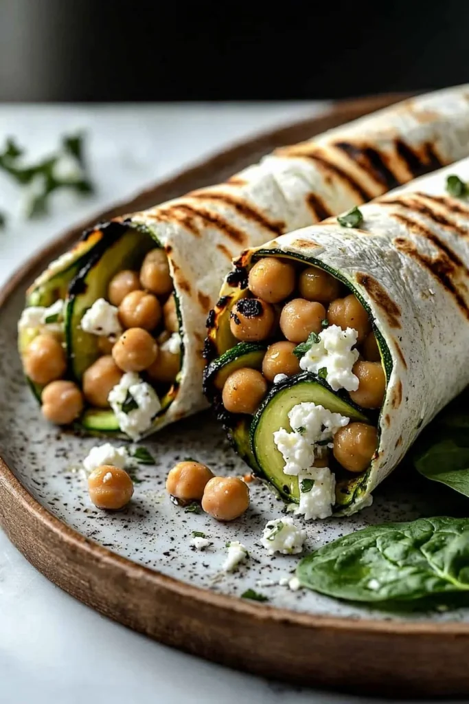 Grilled zucchini feta chickpea wrap on a plate with fresh ingredients