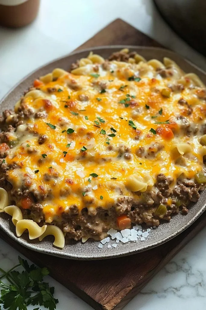 Delicious Hamburger Supreme Casserole served in a baking dish, topped with cheese.