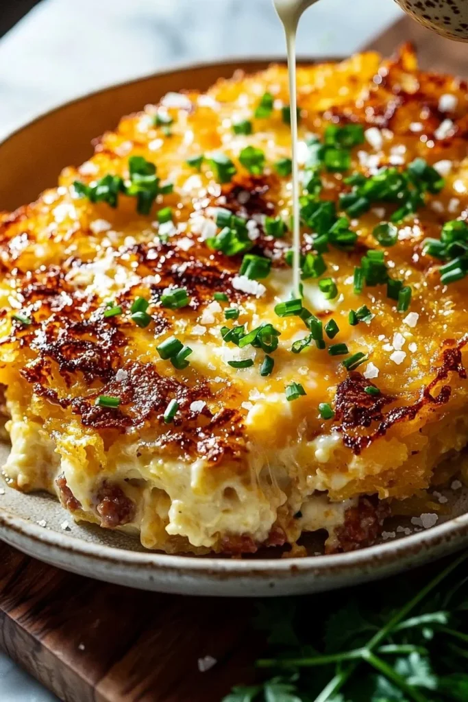 Delicious hashbrown breakfast casserole with eggs and cheese baked to perfection