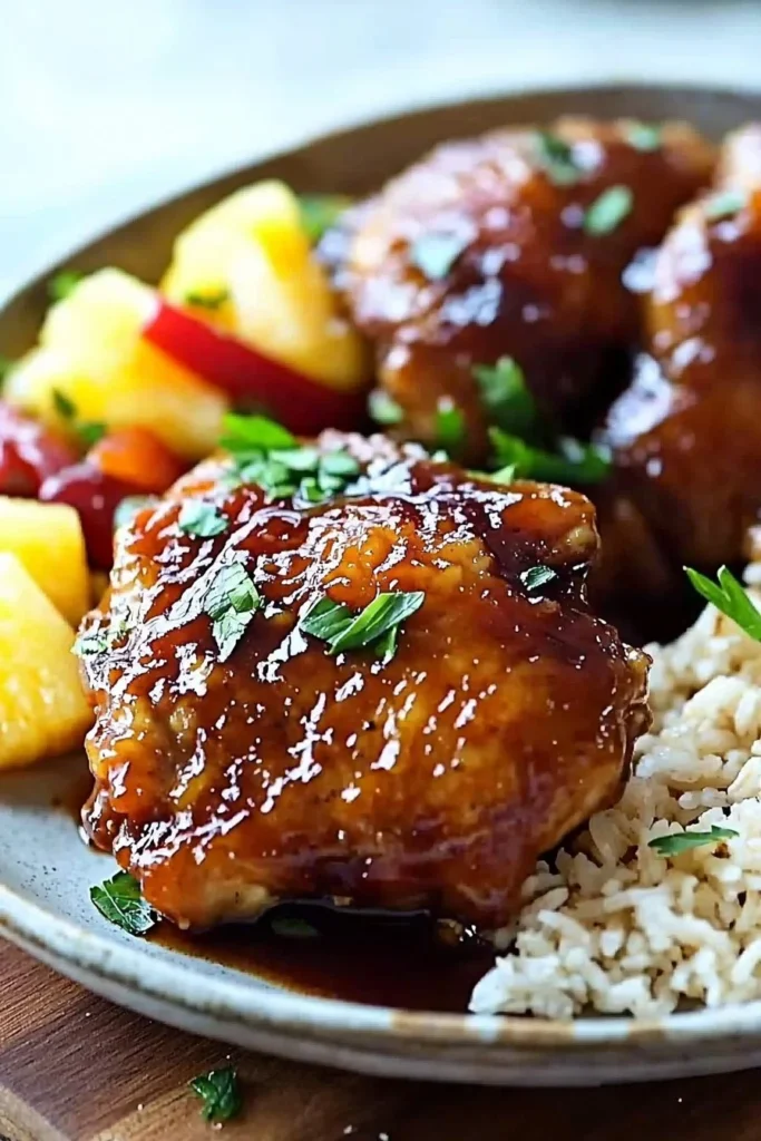 Delicious Hawaiian crockpot chicken served with fresh pineapple and rice