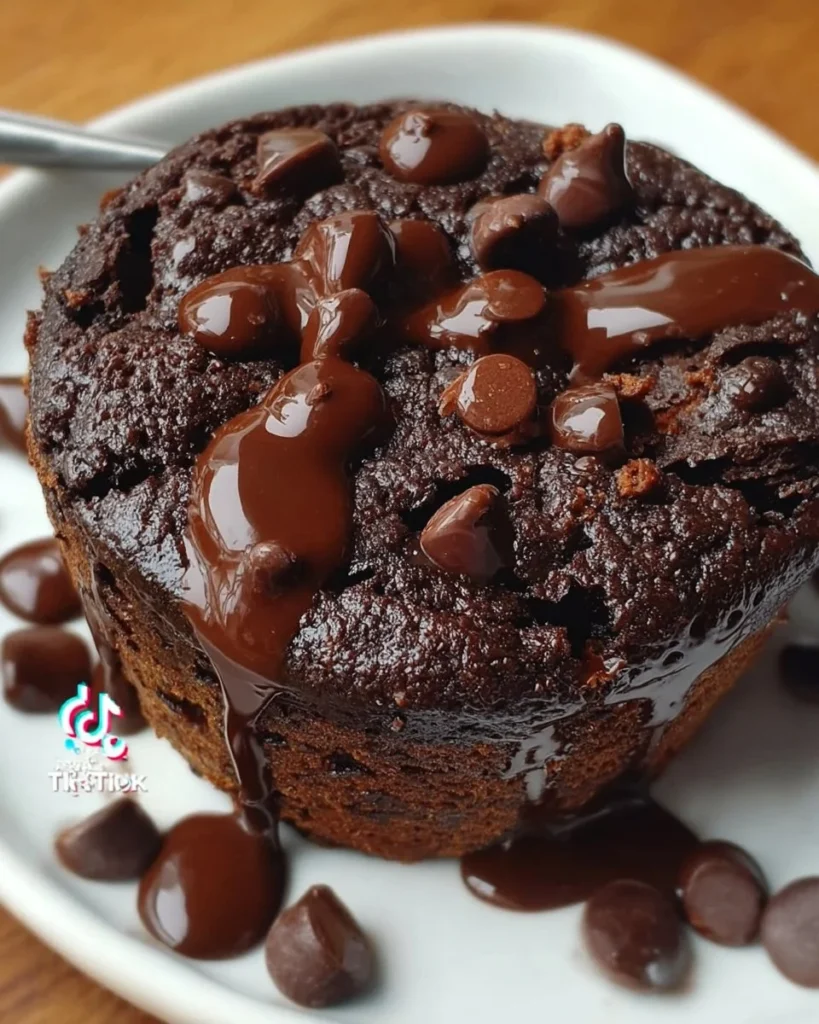 A delicious healthy brownie mug cake topped with chocolate sauce and nuts.