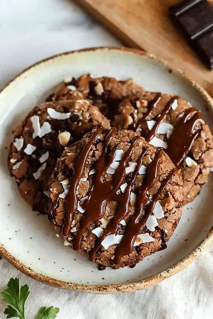 Healthy coconut caramel chocolate cookies with a rich chocolate coating