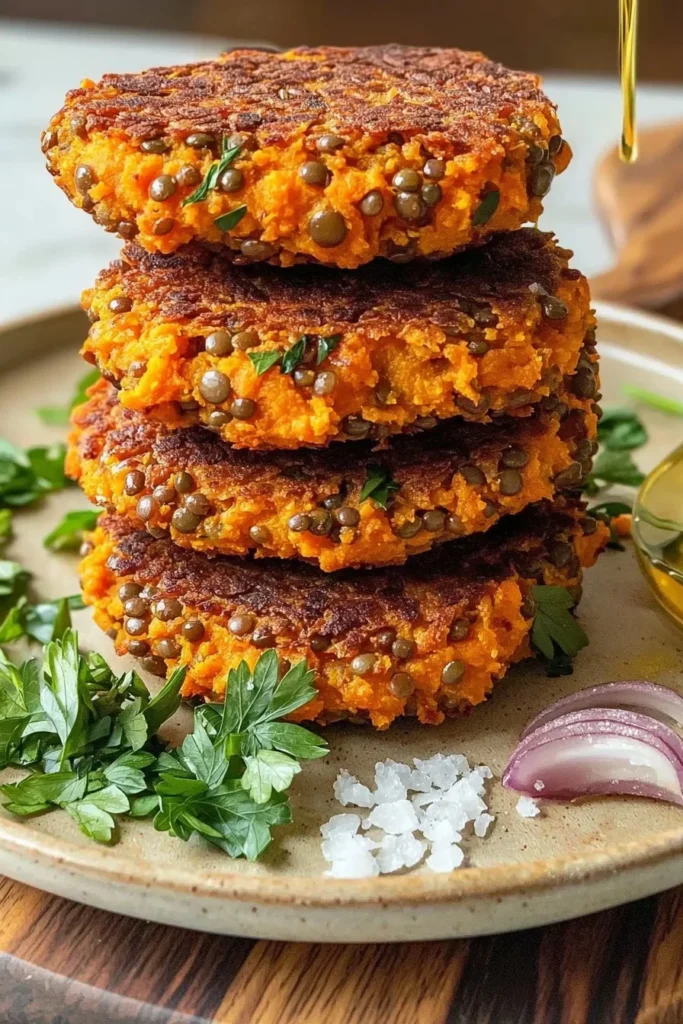 Healthy sweet potato lentil patties served on a plate with fresh herbs