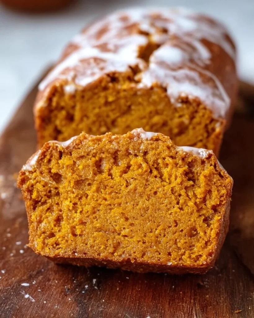 Sliced high protein pumpkin bread on a wooden table with autumn leaves