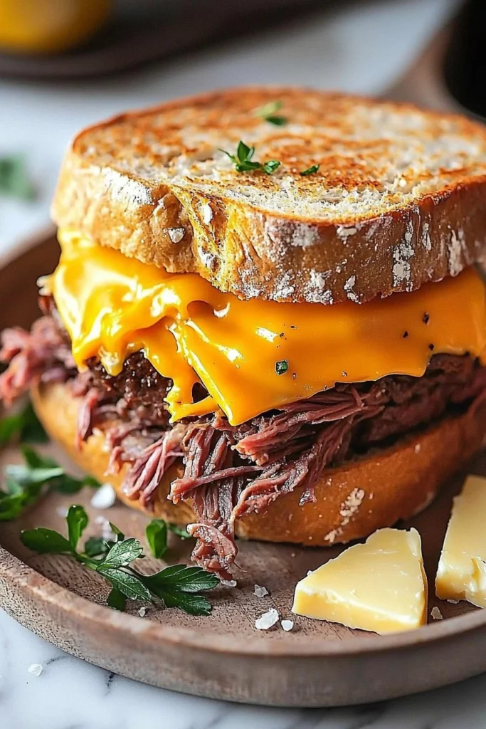 Homemade beef and cheddar sandwich on a plate with melted cheese