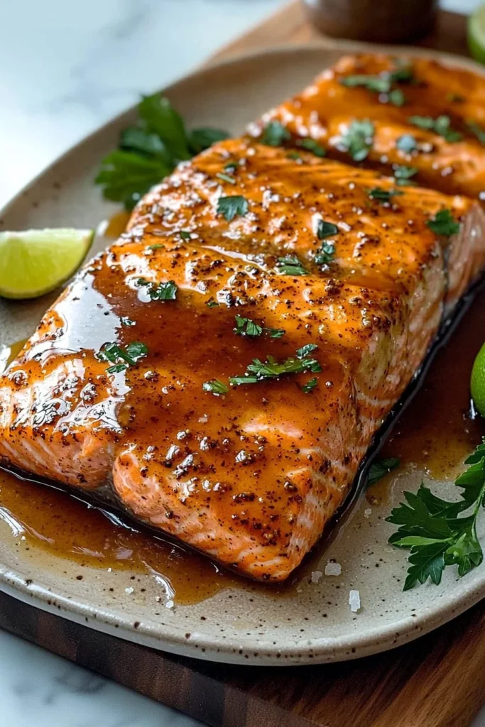 Plate of homemade Cajun glazed salmon garnished with herbs