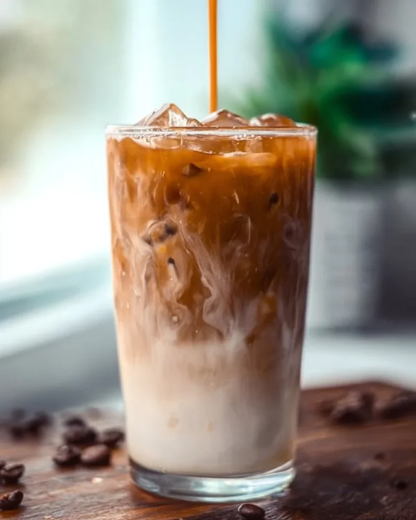 Homemade caramel iced coffee in a glass with whipped cream