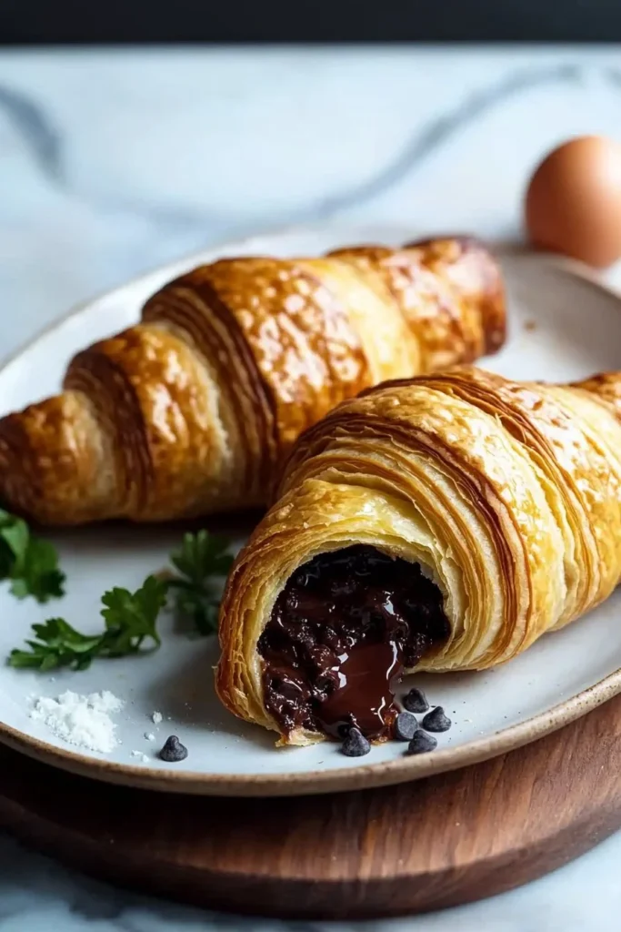Freshly baked homemade chocolate croissants with gooey chocolate filling